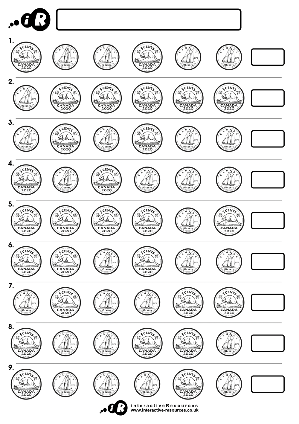 Canadian Money Worksheet