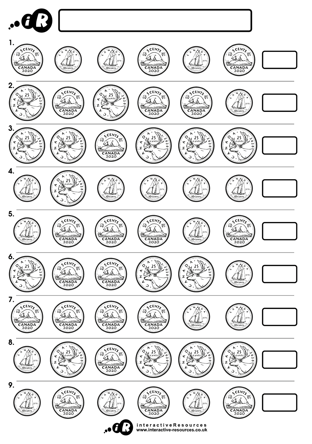 Canadian Money Worksheet