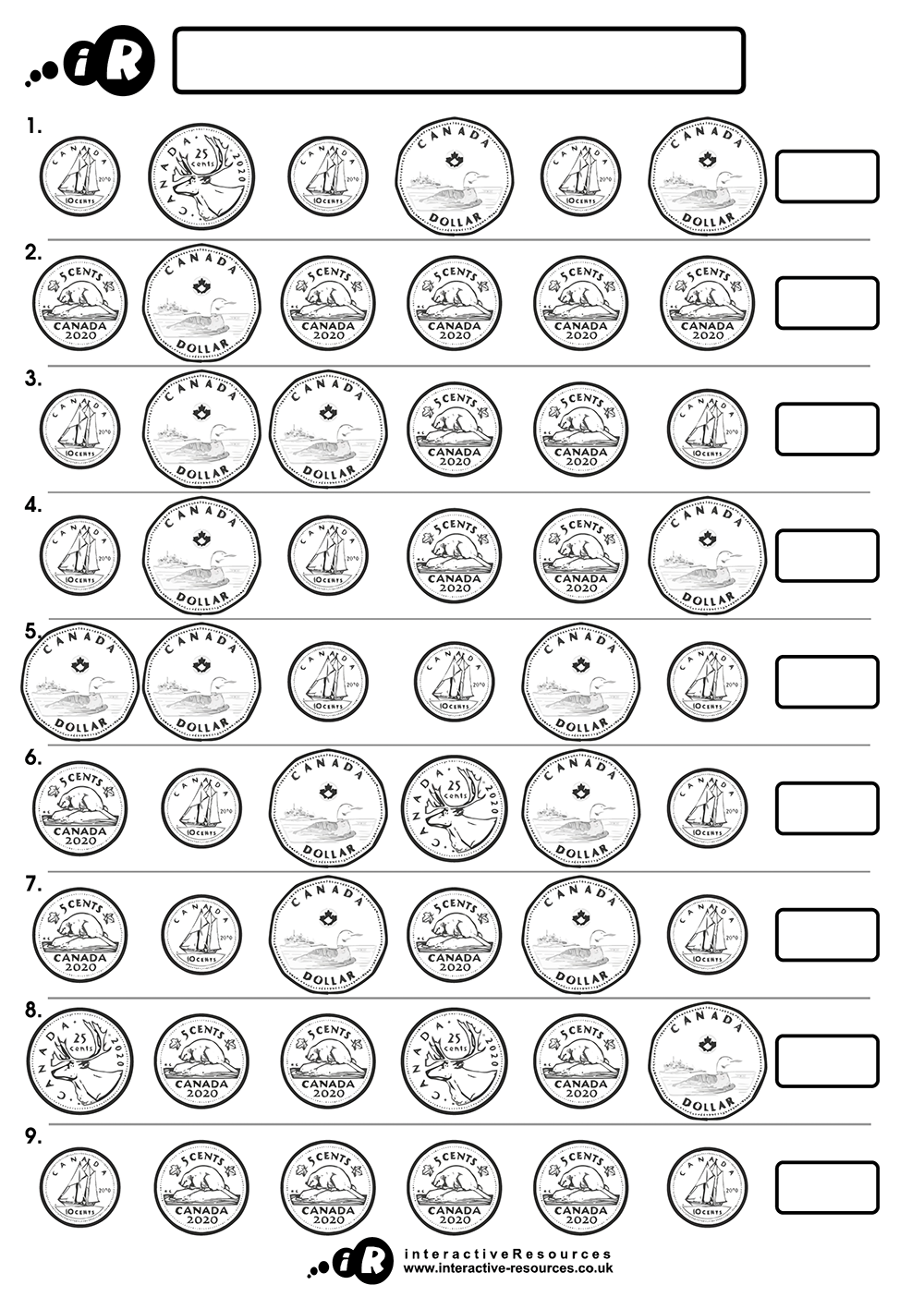 Canadian Money Worksheet