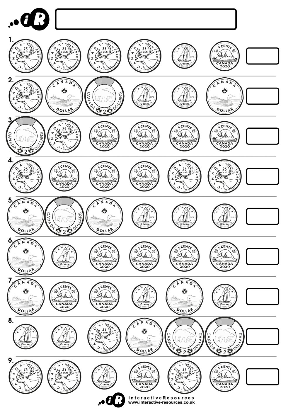 Canadian Money Worksheet