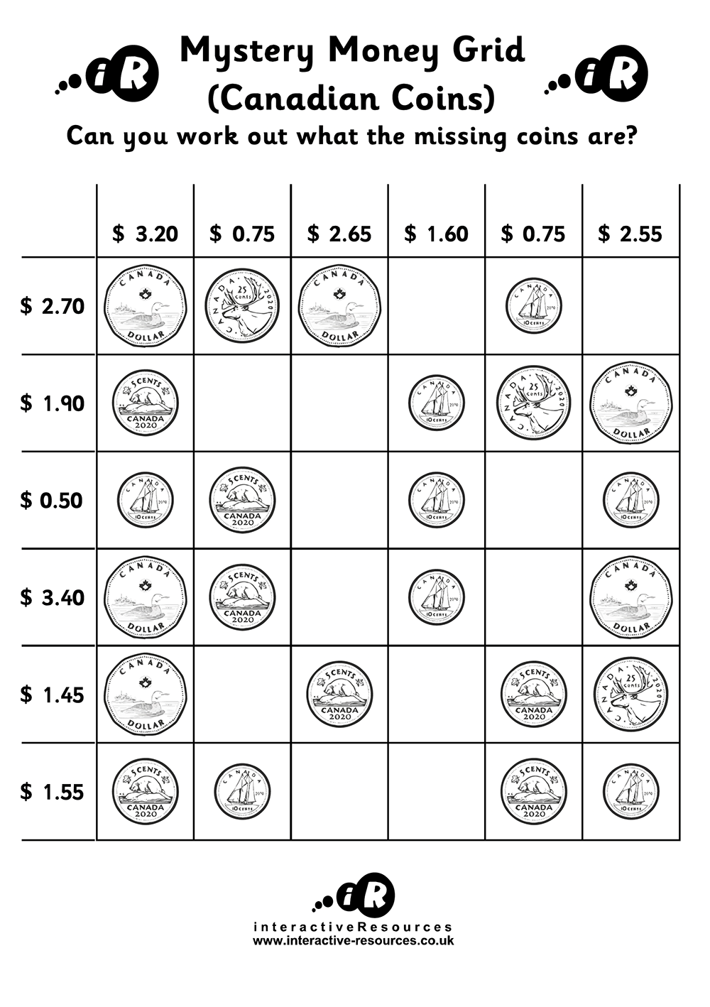 Canadian Money Worksheet