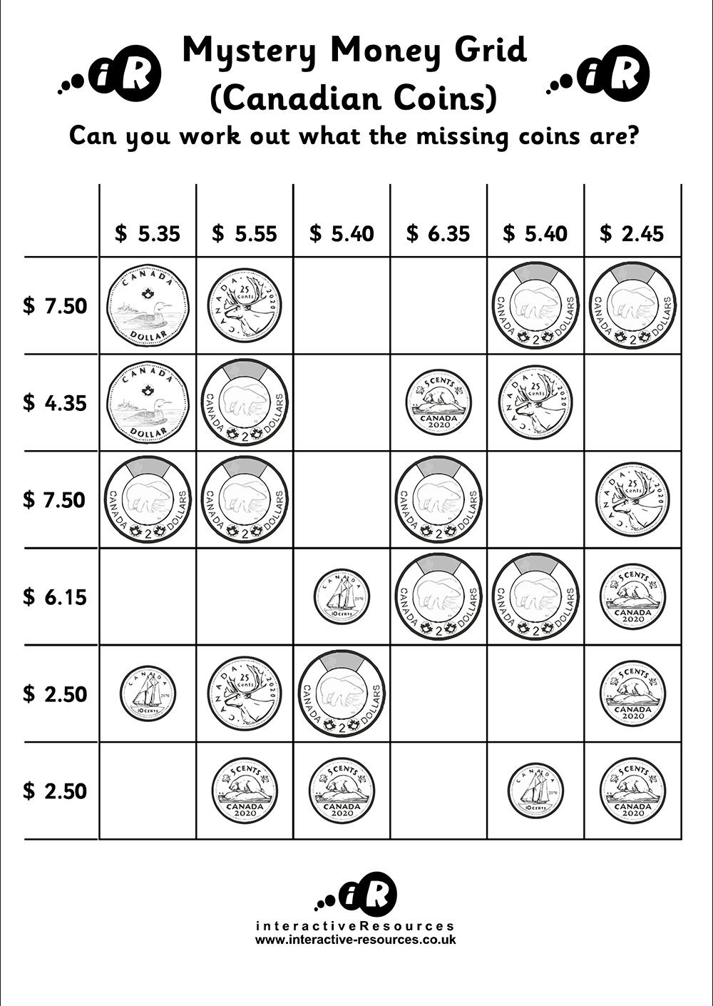 Canadian Money Worksheet