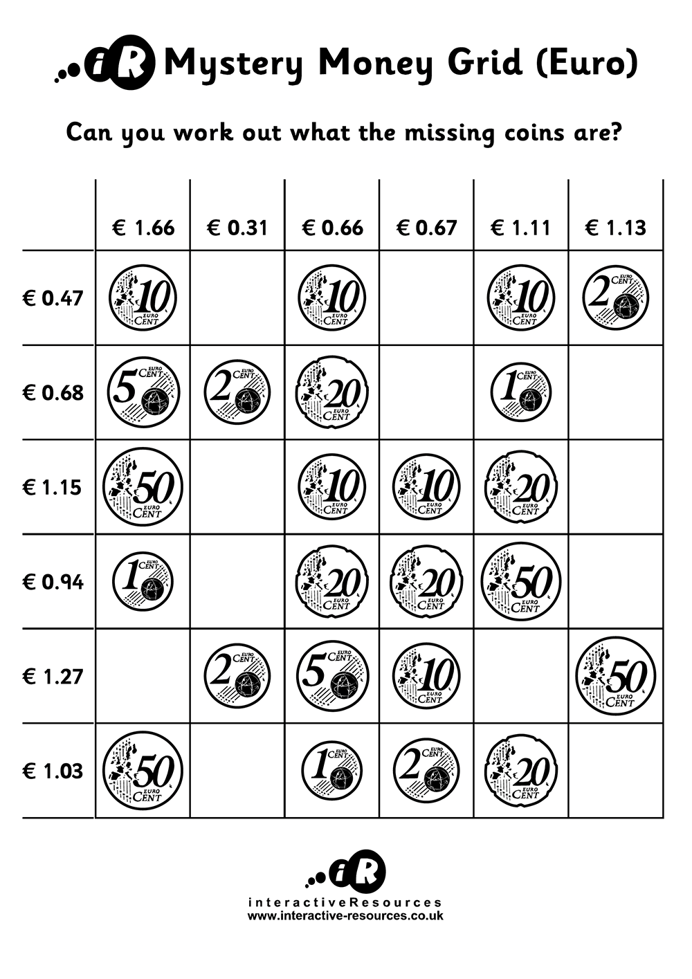 Euro Money Worksheets